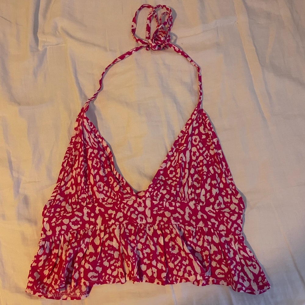 bright pink and white cropped halter top